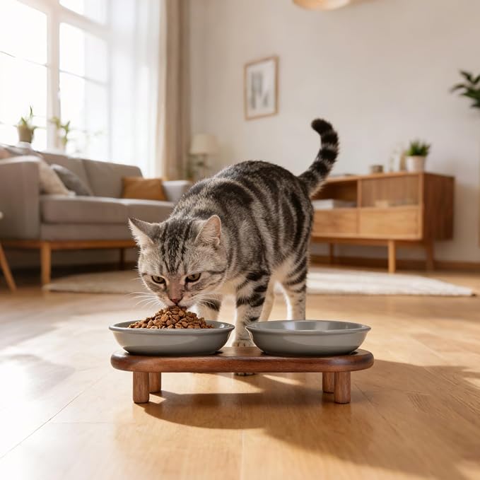 SPUNKYJUNKY Shallow Elevated Cat Bowl with Acacia Wood Stand Wide Raised Ceramic Cat Dishes Whisker Friendly Pet Food and Water Plates (Striped Pattern, Gray) - Image 6