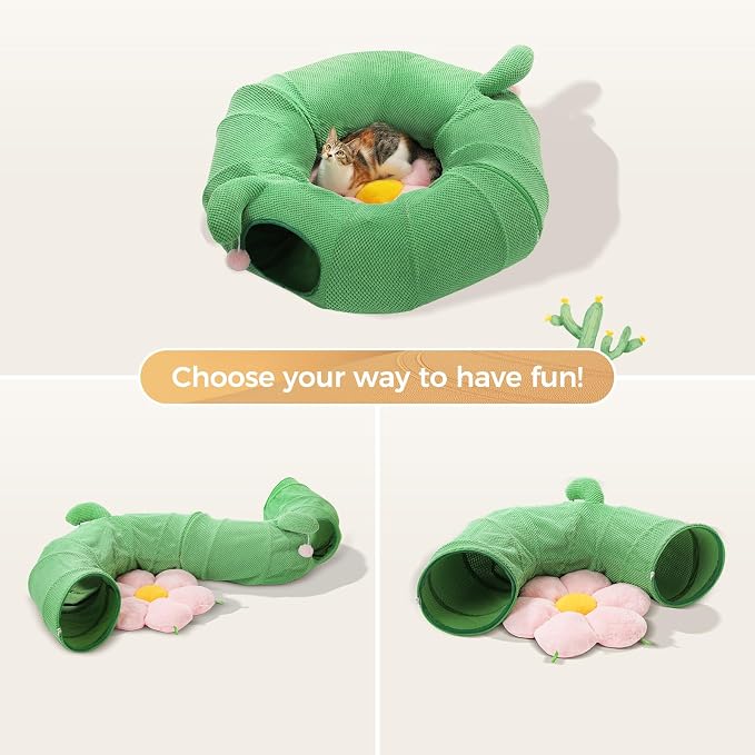 PEQULTI Flower Donut Cat Tunnel Bed Washable Plush Mat Multi for Small Pets | Round play tube with soft detachable plush mat, multi-pet toy fit indoor cats, kittens, puppies, rabbits and ferrets - Image 4