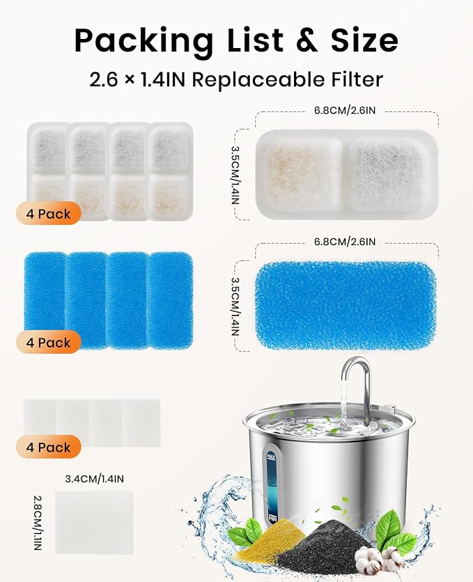 oneisall Cat Water Fountain Filters Replacement, 4 Pack for 67oz/2L Stainless Steel Fountain, Easy to Install and Clean - Image 5