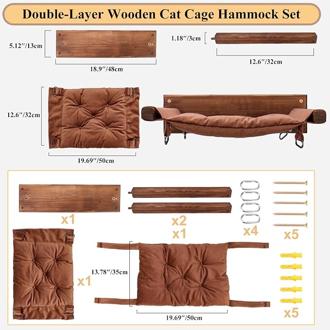 JSPYFITS Wooden Cat Furniture Wall Mounted, Double Layer Hammock, Large Size 18.9″ Removable Multi-Function Cat Bed for Sleep/Play/Climb, Kitten Window Perch, Easy DIY Installation(Brown) - Image 4