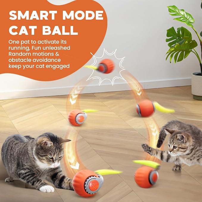 2 Pack Interactive Cat Toy for Indoor Cats, Two Speed Smart Automatic Cat Toy Moving Ball with Tail, Rechargeable Motion Activated Cat Toys for Bored Indoor Adult Cats(Orange & Blue) - Image 2