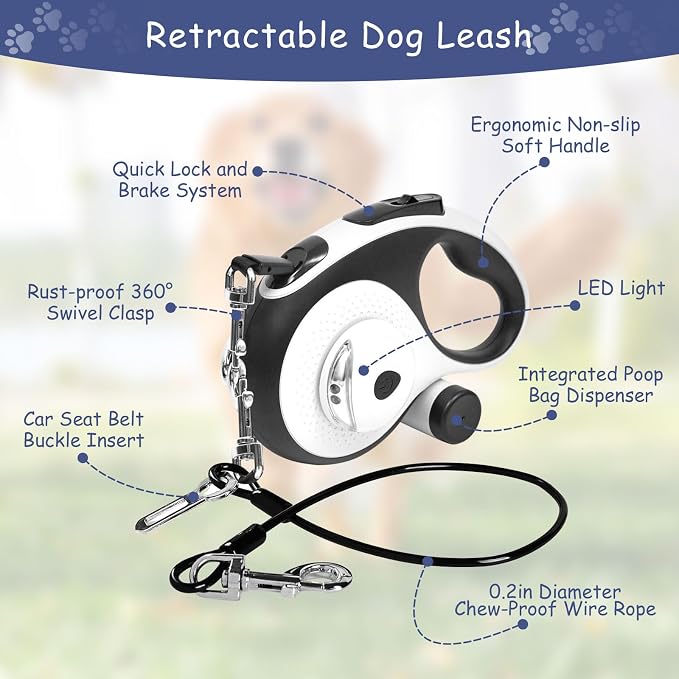 26Ft Retractable Dog Leash - for Dog Up to 110lbs, Tangle Free Walking Leash with Chew Proof Cable | LED Light | Dispenser | Poop Bags, Quick Lock Braking & Non-Slip Handle (White) - Image 3