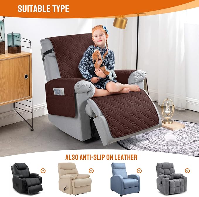 VANSOFY 100% Waterproof Recliner Chair Covers, Recliner Cover Non-Slip Dog Chair Cover Furniture Protector Washable Slipcover with Pocket, Elastic Straps for Pets, Dogs(Coffee, 23.6") - Image 5