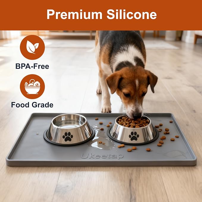 19" x 12" Extra Thick Silicone Mat Waterproof with Raised Edge, Gray | BPA-Free Non-Slip Dog & Cat Food Mat, Feeding Mat for Food and Water Bowls, Spill Proof Mat to Protect Floors - Image 4