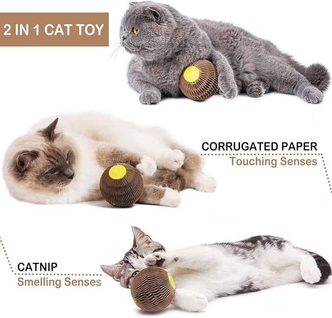 Cat Toys for Indoor Cats, Catnip Toys with Refillable Catnip, 3 Inch Scratcher Ball, Interactive Rolling Scratch Toy for Bored Indoor Adult Felines, Small Corrugated Paper Ball - Image 3