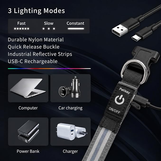 Light Up Dog Collar for Night Walking, Reflective LED Collar(White, Large) | Bright Safety Glow in the Dark, Adjustable Comfort Fit, Waterproof, Long Runtime, Easy USB-C Charging - Image 3