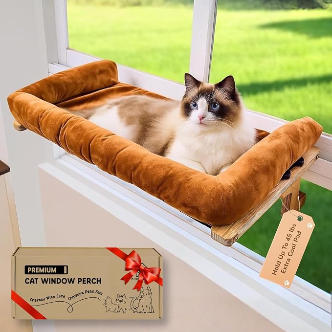[Ready to Gift] PURRHOUSE 45LBS Cat Window Perch with Bolster, Hammock Seat with Plywood & Metal Frame, Cat Bed for Windowsill, Bedside and Cabinet (Natural Wood & Brown Cushion, 24.8''W x 9.4''H) by PURRHOUSE
