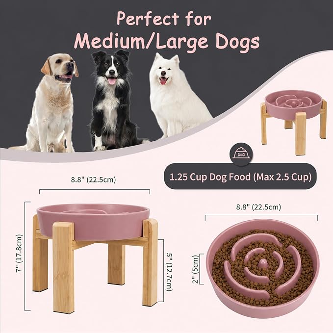 Elevated Slow Feeder Dog Bowl, 8.8" Ceramic Maze Dog Bowl with Stand | 3.2 Cups Slow Feeding Dog Dish for Fast Eaters, 7" Tall Anti-Slip Raised Slow Feeder for Medium to Large Breeds, Pink - Image 2