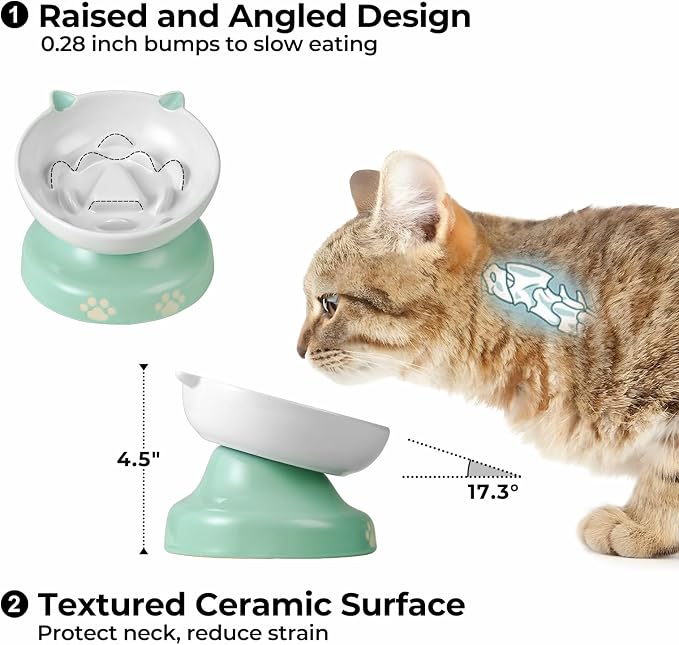 Y YHY Slow Feeder Cat Bowl, Ceramic Elevated Cat Bowl Tilted Design Slow Feeder for Dog and Cat for Dry and Wet Food, Green - Image 3