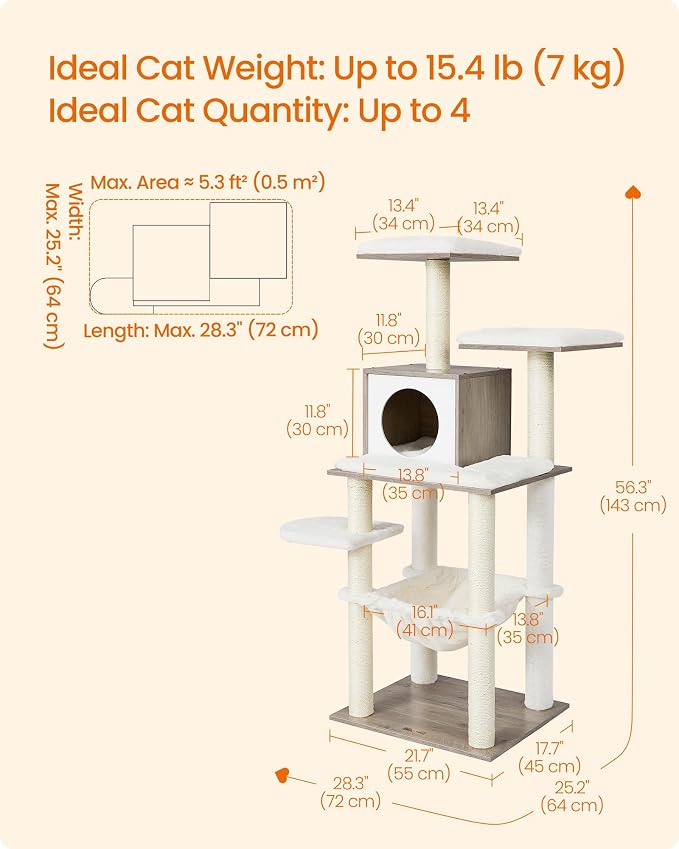 Feandrea Cat Tree, 56.3-Inch Modern Cat Tower, Multi-Level Plush Condo with Scratching Posts, Hammock, Washable Cushion, Heather Greige UPCT164G01 - Image 5