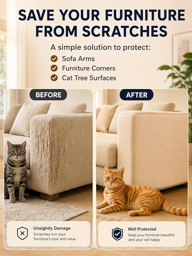 TLNNK 78.7"x15.8" Cat Scratch Furniture Protector - Beige | Less Claw Damage, Easier Scratch-zone Setup, Worn Post Refresh, Cleaner Couch Corners, Softer Look for Cat Homes - Image 2