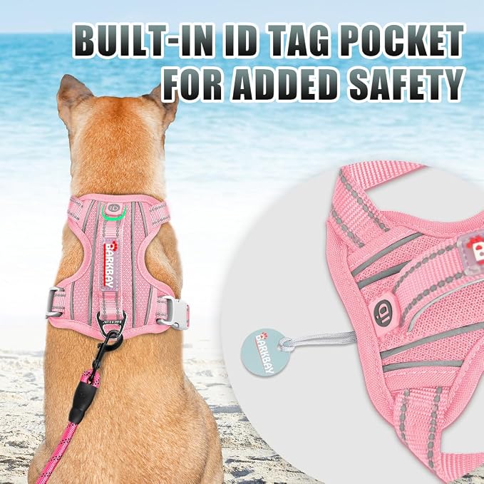 BARKBAY No Pull Dog Harness Large Reflective Dog Harness with Front Clip and Easy Control Handle for Walking Training Running with ID tag Pocket(Baby Pink,L) - Image 2