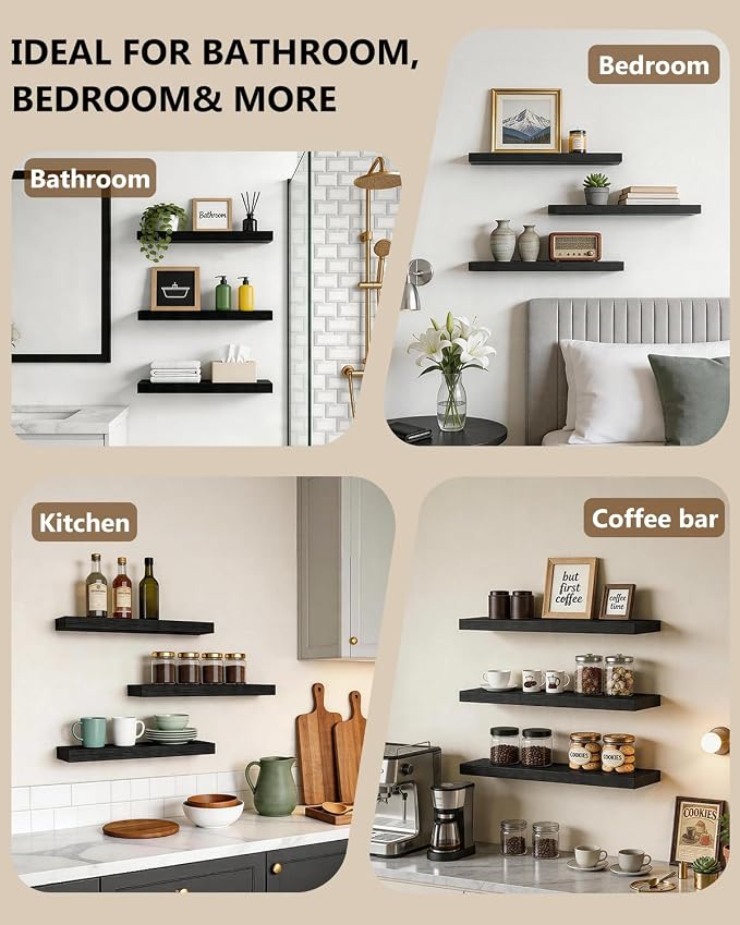 WALI Floating Shelves for Wall, 3 Tier Bathroom Storage Shelf Over Toilet, for Bedroom Bookshelf, Living Room Decor, Kitchen, Nursery, Laundry, Soundbar Floating Shelf Mount Under TV (CS103L), Black - Image 3
