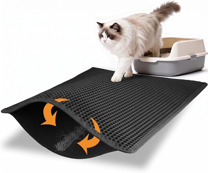 Pieviev Kitty Litter Mat, Double-Layer Waterproof Design, 30" x 24" Black | Honeycomb Litter Box Mat Catches Scattered Particles to Stop Tracking, Urineproof Base protects Floors, Easy to Clean by Pieviev