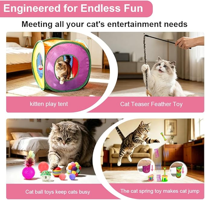 Retro Shaw Cat Toys Packs,33PCS,Interactive Kitten Toys for Indoor Cats | Kitty Game Tunnel Cat Feather Teaser Wand Springs Pompom Ball Bells Plush Mouse,15.7" - Image 5