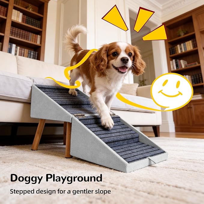 2-in-1 Dog Steps & Ottoman,17.13" H Dog ramp for Couch | Foldable Dog ramp for Small dogs, Non-Slip Wooden Pet ramp for Puppy Senior Injured Dogs (Light Grey) - Image 2