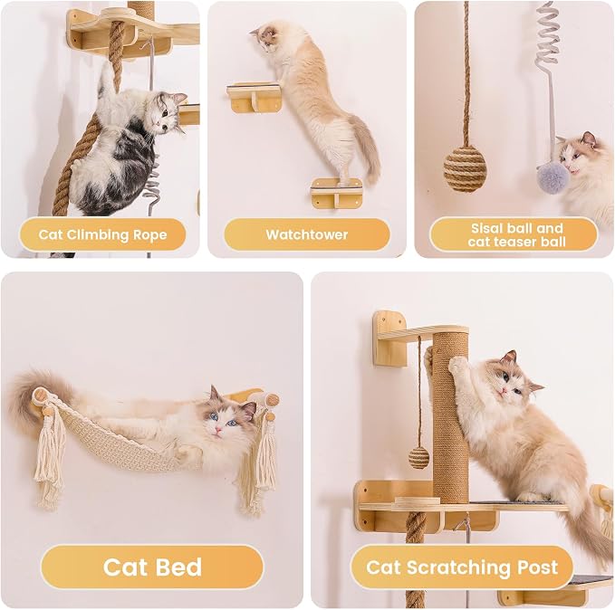 Cat Wall Shelves, Large Wall-Mounted 6-in-1 cat Furniture Set (Climbing Rope+Sisal Scratching Post+Macrame Resting Hammock+Interactive Toys Ball+Feeding Bowls Station+3 Wall Steps) for Indoor Kitties - Image 4
