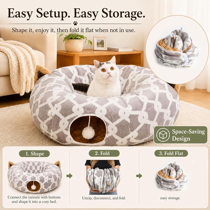 Large Cat Tunnel Bed Under Christmas Tree with Fluffy Toy Balls, Small Cushion and Flexible Design- 10 inch Diameter, 3 ft Length- Great for Cats, and Small Dogs, Gray Geometric Figure - Image 6