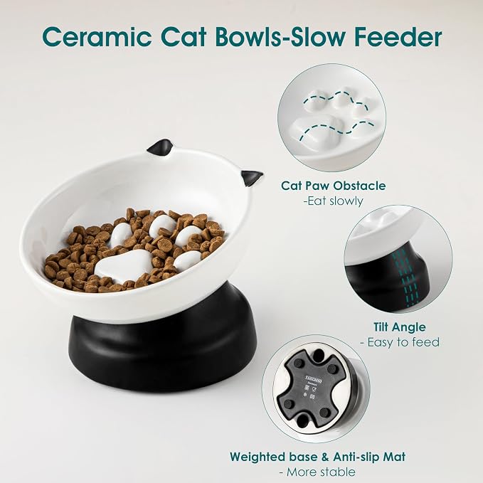 vancasso Slow Feeder Cat Bowls, Ceramic Elevated Slow Feeder Cat Bowls, Raised Food Bowl for Wet Food (Black) - Image 5