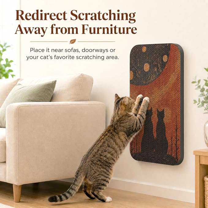 2 Pack Cat Wall Scratcher, Art Cat Scratching Board for Cats | Wall Mounted Cat Scratch Pad, Water-Based Ink, Hook&Loop Strips, Floor or Wall Use, 16.7x11x1 Inch, Window & Starry Night - Image 3