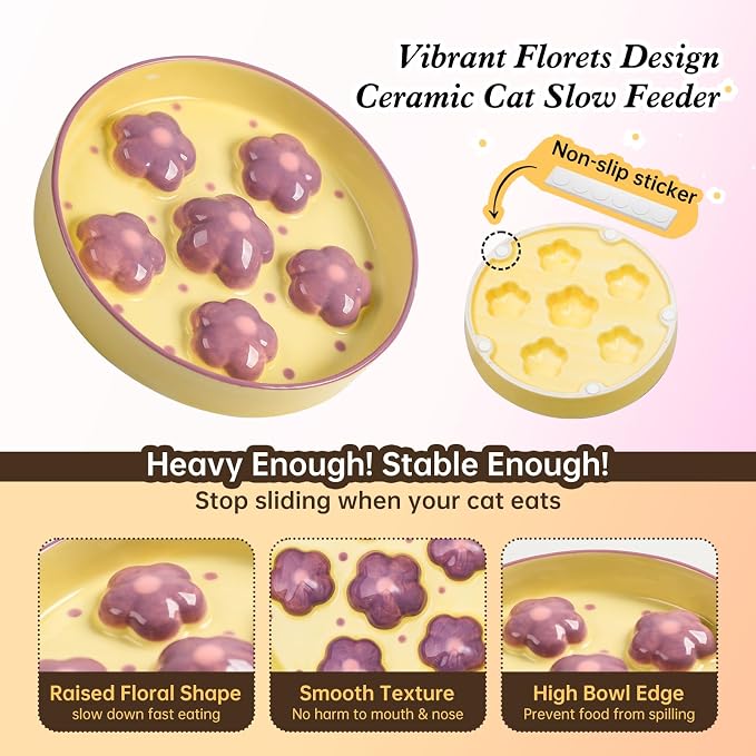 Ceramic Slow Feeder Cat Bowl, 6.3" Whisker Friendly Anti-Vomit, Purple | Shallow Cat Puzzle Feeder, Slow Eating 3x, Dry & Wet Food, Cute Flower-Shaped Maze, Microwave & Dishwasher Safe, 6.3" X 1.2" - Image 4