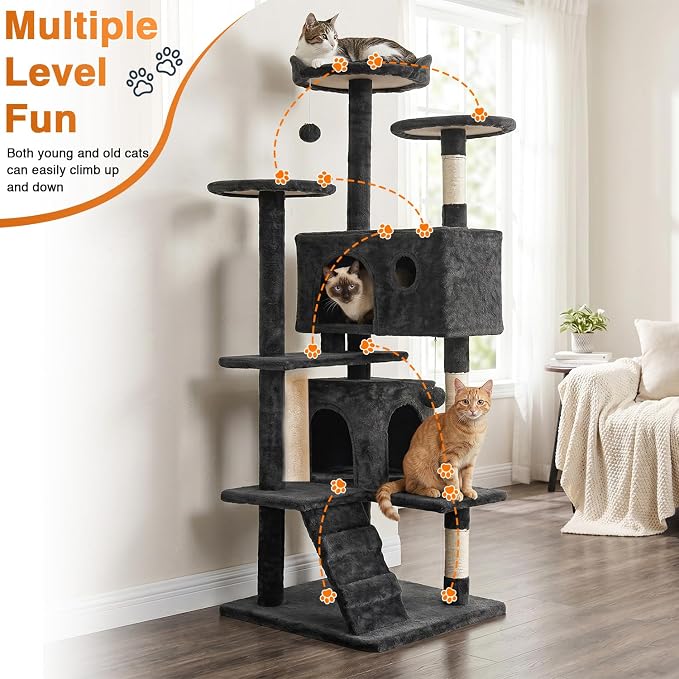 FDW | 54" Cat Tree Tower | Dark Gray | Multi-Level Indoor Activity Center | with Sisal Scratching Posts, Condos, Plush Perches, Hanging Cat Toys | Sturdy, Easy to Assemble | for Kittens & Adult Cats - Image 2