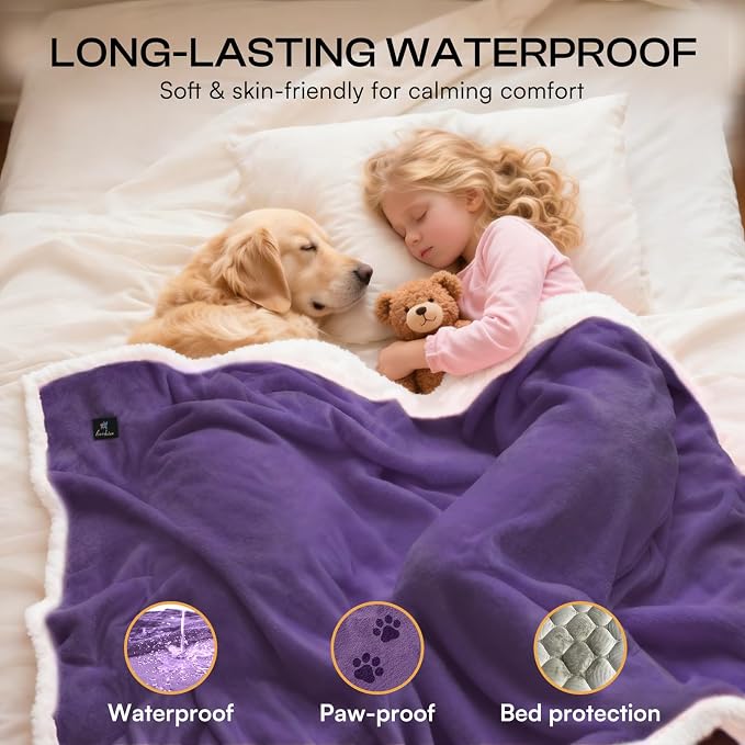 Luciphia Waterproof Bed Blanket Washable,Soft Sherpa Fleece Puppy Reversible Throw Blankets for Medium Large Dog Cat,Furniture Cover Protector Couch from Liquid Pee and Pet Fur,Purple White,85" x 57" - Image 3
