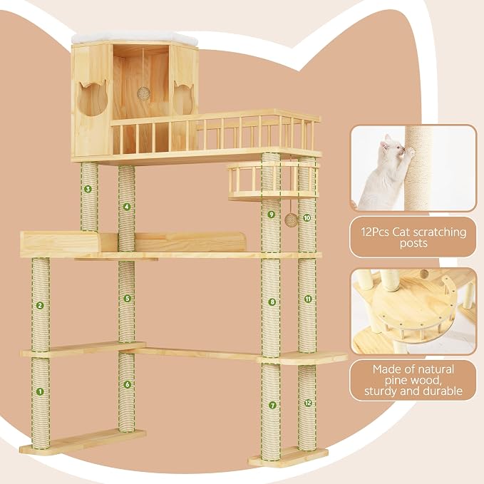 Corner Cat Tree for Automatic Litter Box, 6 Tier Cat Tower, 61''H | Wood Cats Tower for Self Cleaning Litter Box, Cat Tree for Indoor Adult Cats, Solid Wood Cat Furnitue w/12Pcs Scratching Post - Image 8