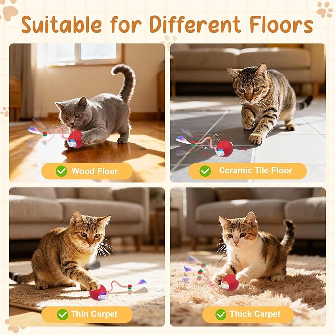 2PCS Interactive Cat Toys for Indoor Cats with 6 Tails, Automatic Cat Toy | Fast Rolling on Carpet/ Wooden Floor/ Tiles, Rechargeable Kitten Toys, for Small/ Medium/ Large Cats to Enrichment Exercise - Image 2