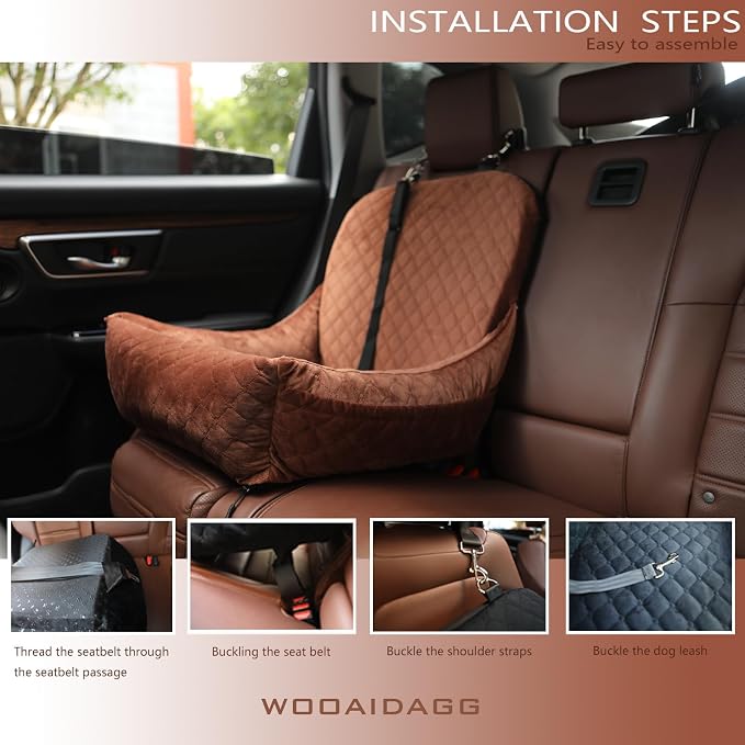 Wooaidagg Dog Car Seat for Small Dogs,Covered Soft Fabric and Fill in Memory Foam,Easy to Assemble and Fully Detachable,2 Clip-On Safety Leashes and Storage Pockets(Brown) - Image 5