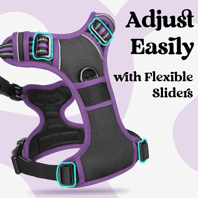 rabbitgoo Dog Harness for Large, Updated Easy On & Off with 3 Buckles | No Pull No Choke, Walking with 2 Clips and Handle, Adjustable Soft Reflective, Black & Purple, Large - Image 3