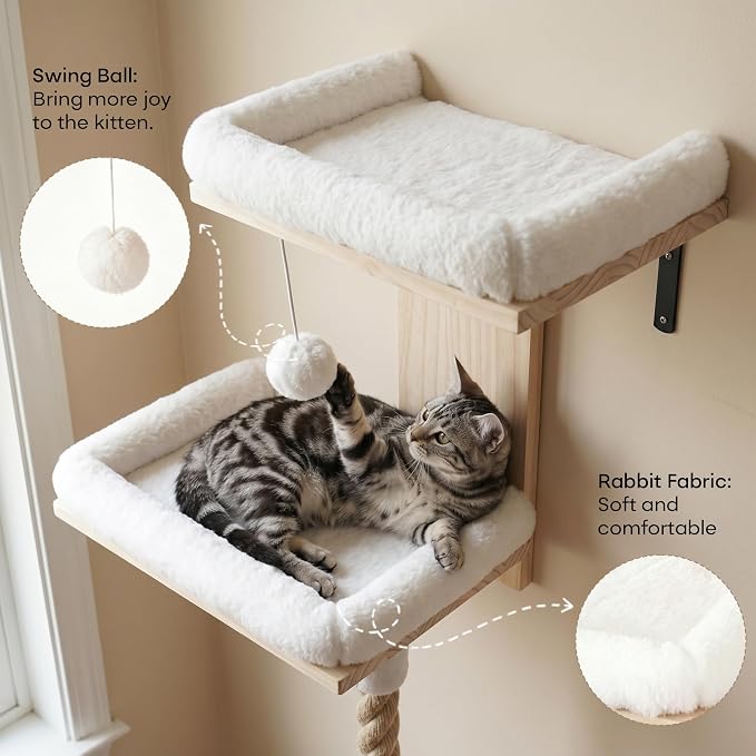 Cat Wall Shelves, 2 Beds with 4.92 ft Cat Scratching Post Rope | Tree Shape Cat Wall Furniture Set, Kitten Floating Shelf with Soft Cushion Perch, Solid Wood Cat Perch for Climb, Play, Nap - Image 7