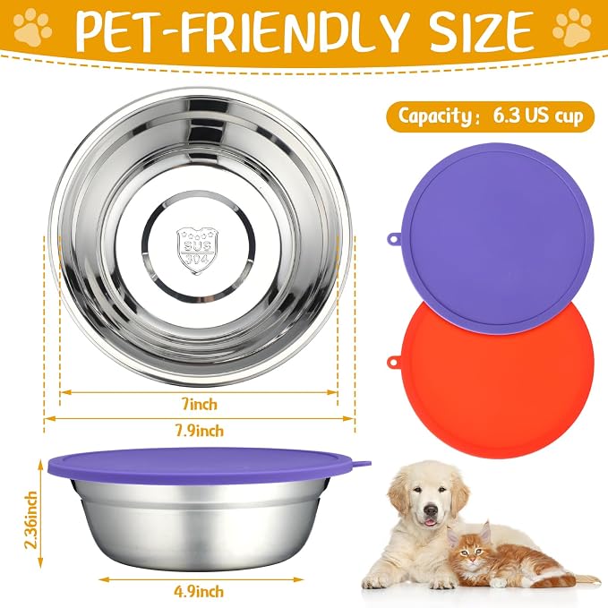 Patelai 4 Pcs Stainless Steel Dog Bowls 7.9" with Silicone Lids Portable Food and Water Dishes for Pets Sealable Containers for Small Medium Dog Cat Indoor (Red,Purple) - Image 2