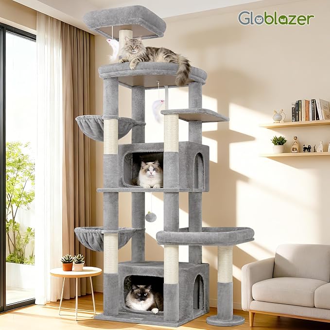 Globlazer 75in Sturdy Cat Tree Tower for Indoor Large Cat, S75, Light Grey | Multi-Level Heavy Duty Cat Tower with Scratching Post, Oversized Condos & Perches for Big Cats, Large Baskets, Enlarged Base - Image 8
