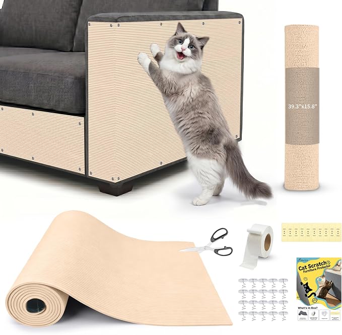 Cat Scratch Furniture Protector: 39.3"x15.8" High Self-Adhesive | Cat Scratch Carpet Trimmable for Couch Scratcher Protector from Claws Scratching Mat Lasts 3-6M 3min Install, Khaki by Finvizo