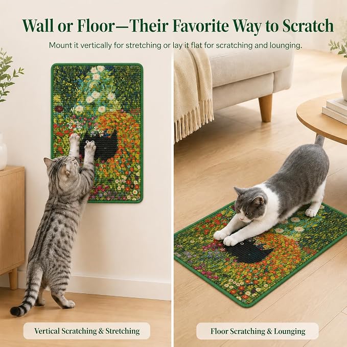Art Sisal Cat Scratcher Mat, Cat Wall Scratchers for Indoor Cats | Wall Mounted Cat Scratcher, Natural Sisal, No-Drill Hook & Loop Setup, Floor or Wall Use, 23.6 x 15.7 Inch, Flower Garden - Image 7
