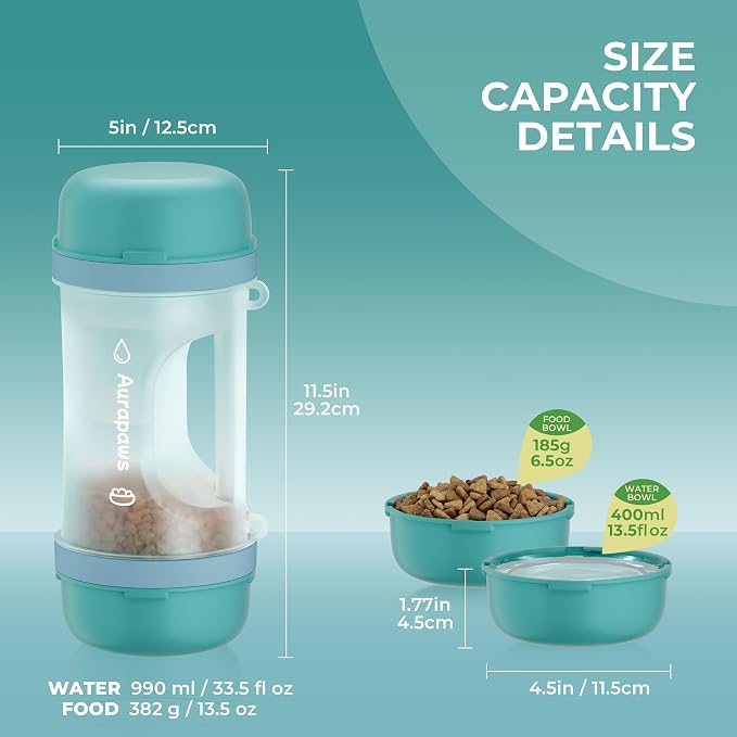 Dog Water Bottle Portable 33.5oz with Food Container & 2 Bowls | Feeding & Hydration, 13.5oz Food Storage, 13.5oz Travel Water Bowl, 6.5oz Food Bowl, Portable Pet Dispenser for Hiking Beach - Image 2