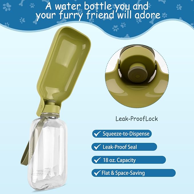 Portable Dog Water Bottle-18 Oz Leak-Proof Green Water Bowl Dispenser for Walk Hiking or Travel - Image 3