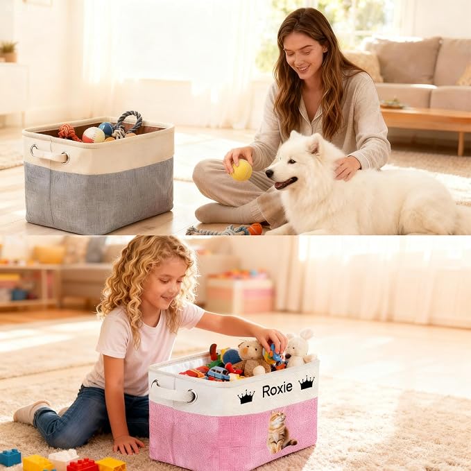 Customized Pet Toy Storage Basket - Personalized Dog & Cat Toy Organizer with Name, Foldable & Durable Fabric Bin for Pet Supplies, Organizer for Toys, Coats, Clothing, Blankets Pink - Image 7