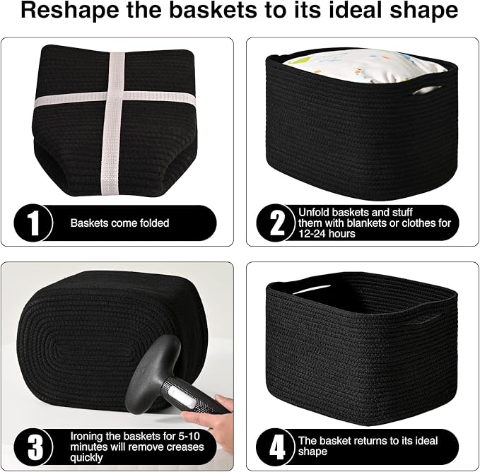 ICERZCZ Black Storage Baskets for Shelves, Small Storage Baskets for Organizing, Woven Cotton Rope Baskets for Storage, Book Basket, Decorative Shelf Basket, 12.5"Lx9.1''Wx7.9''H (4 Packs) Black - Image 7