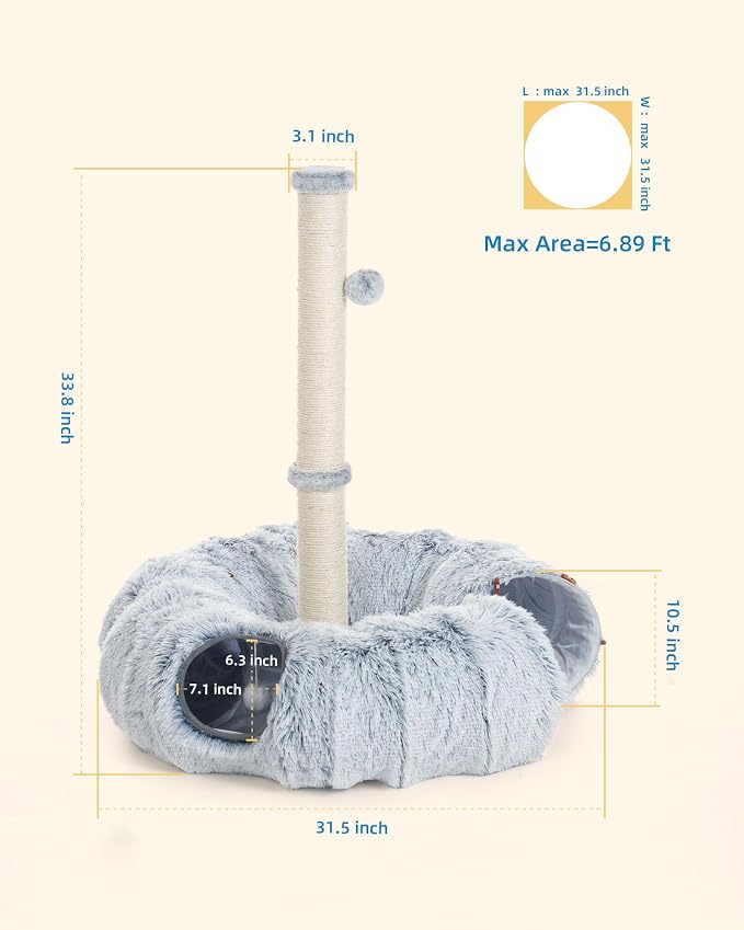 Aechonow 3-in-1 Cat Tunnel Bed, 34'' Cat Scratching Post for Indoor Cats | Fluffy Peekaboo Donut Hideout Toy for Pets, Rabbit, Ferret - Image 6