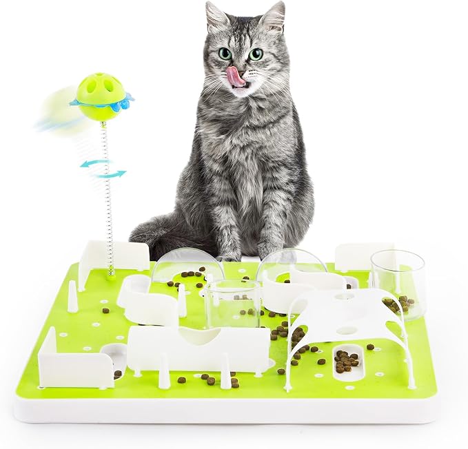 ALL FOR PAWS Interactive Cat Puzzle Feeder, Slow Feeder with Teaser Ball, Treat Maze Feeder & Brain Toy, Mentally Stimulating Enrichment Toy for Kittens & Indoor Cats by Home
