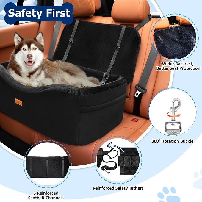 BLVRYVIO Large Dog Car Seat for Medium Sized Dogs Under 55lbs or 2 Smalls | Double Pet Booster Dog Seat for Car with 4" Memory Foam for Back Seat, Triple Safety Belts, Storage Pockets, Washable, Black - Image 4