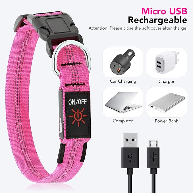 Weesiber Light Up Dog Collars - Rechargeable LED Collar - Reflective Adjustable Dog Lights for Night Walking (Pink, Small) - Image 5