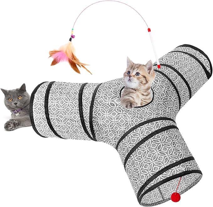 Tempcore Cat Tunnel for Indoor Cats, 3 Way Collapsible Pet Play Tunnel with Teaser Wand, Peek Holes & Hanging Ball, Interactive Tube for Kittens & Rabbits, Grey Coin by Tempcore