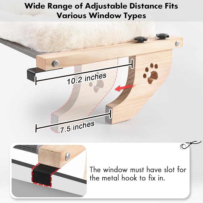 AMOSIJOY Wooden Cat Windowsill Perch with Zipper Cushion Bed, 27.5in | Sturdy Wood & Metal Frame Hold up to 40lbs, Machine Washable, Easy to Adjust, Hook-on Mounting Cat Hammock Seat for Large Cat - Image 5