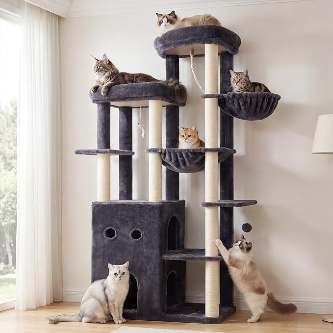 Heybly Cat Tree, 69.7 in Secure Anti-Tip Cat Tower for Large Cats HCT065G | Expansive Cat Furniture with Dual-Tier Cat Condo Villa, 2 Top Perches, Hammock & Full Sisal Scratching Posts, Smoky Gray - Image 10