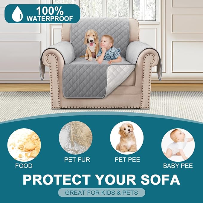 Turquoize 100% Waterproof Sofa Covers Chair Cover Slipcover Couch Protector Triple Non-Slip Sofa Slipcover for 1 Cushion Furniture Protector for Pets, Kids,Dog (Chair 23", Dove Gray) - Image 2