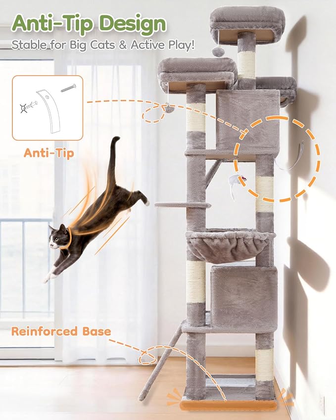 Taoqimiao Cat Tree for Large Cats, 76.8 Inches XL Cat Tower for Indoor Cats | 2 Scratch Boards, 3 Top Perches, 9 Scratching Posts, Multi-Level Cat Tree with 2 Condos, 2 Cozy Basket, Light Gray, T20W - Image 7