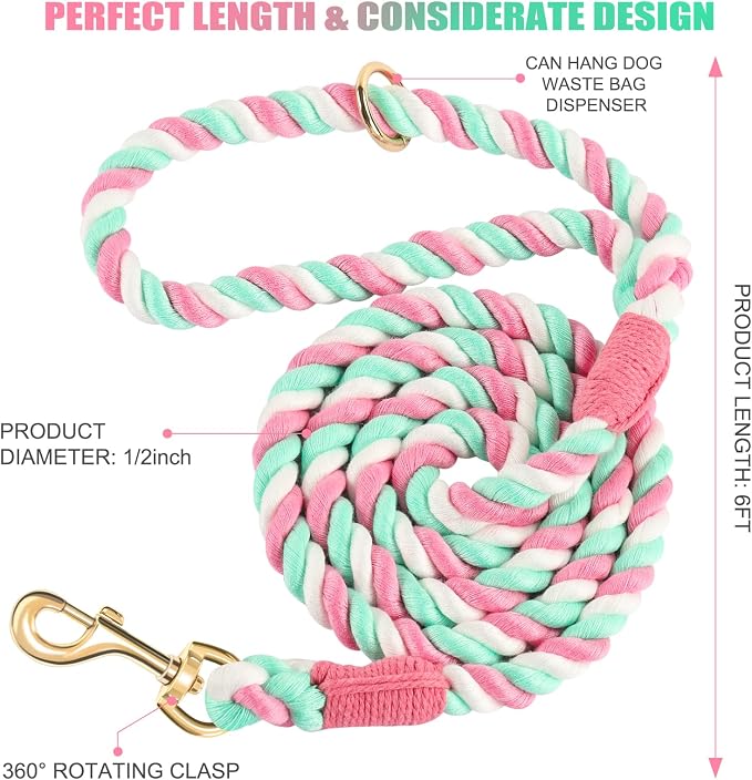 6 FT Handmade Rope Dog Leash for Small Medium and Large Dogs | Soft and Comfortable Grip, New Golden Heavy Duty Metal Clasp, Cherry Blossom Pink - Image 2